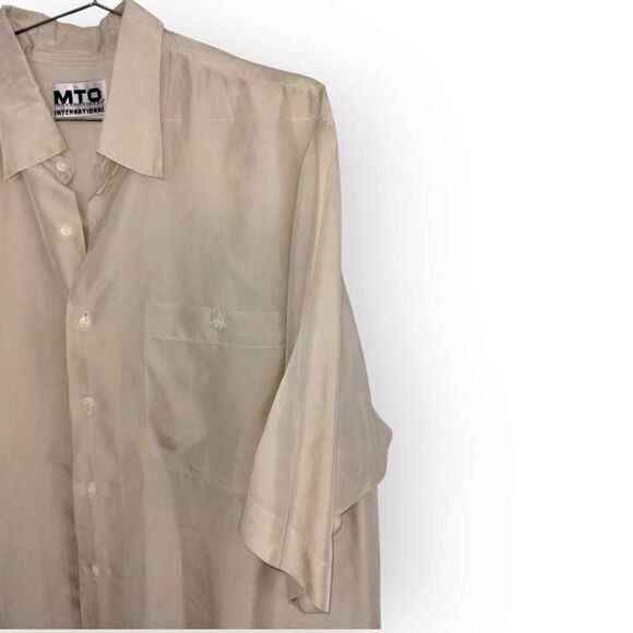 MTO Mens Shirt Sz Large Vtg 90s Silk Short Sleeve Collar Button Beige Classicore - Picture 5 of 8
